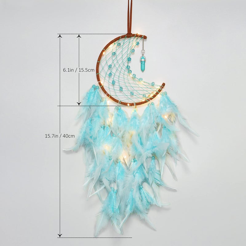 Dremisland Moon Dream Catcher with Fairy Lights-Handmade Feather Lucky Turquoise Pendant Beads Wall Hanging Ornament for kids Bedroom Home Decoration Art Craft Gift. (Sky Blue) - Image 4